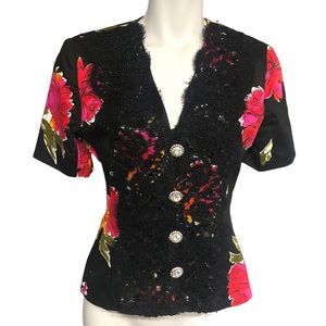 90s Rikki Freeman TJ Nites Floral Blazer Beaded Chunky Button 4